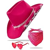 JICASTO Cowboy Hat for Women Men 6 Sparkly Stars Brim & Rhinestone Belt Western Cowgirl Hat with Sunglasses Bandanas