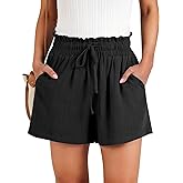NILOINE Womens Summer Elastic Waist Drawstring Shorts Ruffle Waist High Waisted Wide Leg Casual Beach Shorts with Pockets