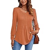Ladlop Long Sleeve Shirts for Women Fall Pleated Crew Neck Tunic Tops for Leggings Loose Fit Dressy Casual Blouses Tshirts