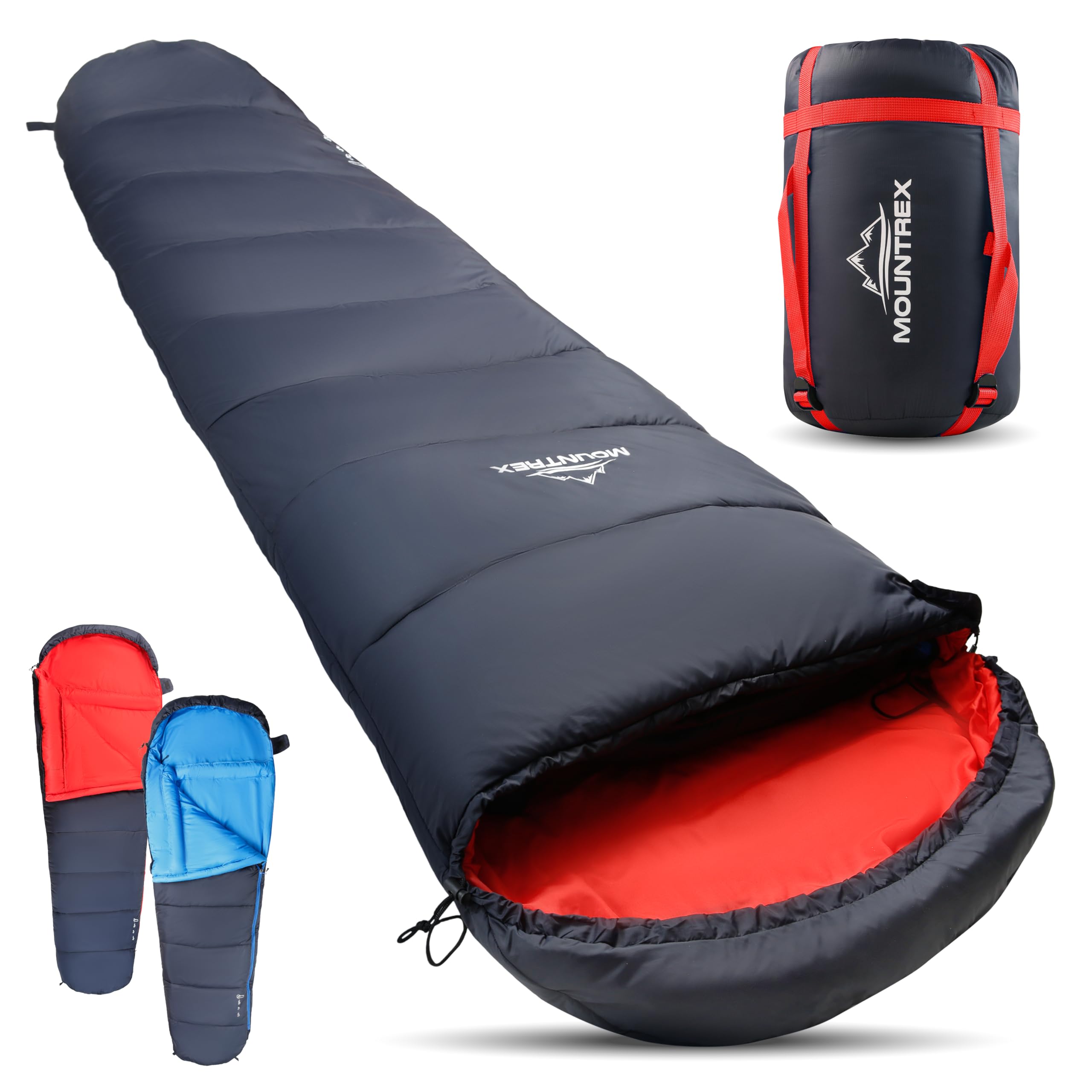 MOUNTREX® sleeping bag – Warm and Light (1500g) with Compact Pack Size - Outdoor 3-4 Season Sleeping Bag - Mummy Shape (205x75x45 cm) - Camping, Travel, Backpacking or Festivals, Can be doubled-up