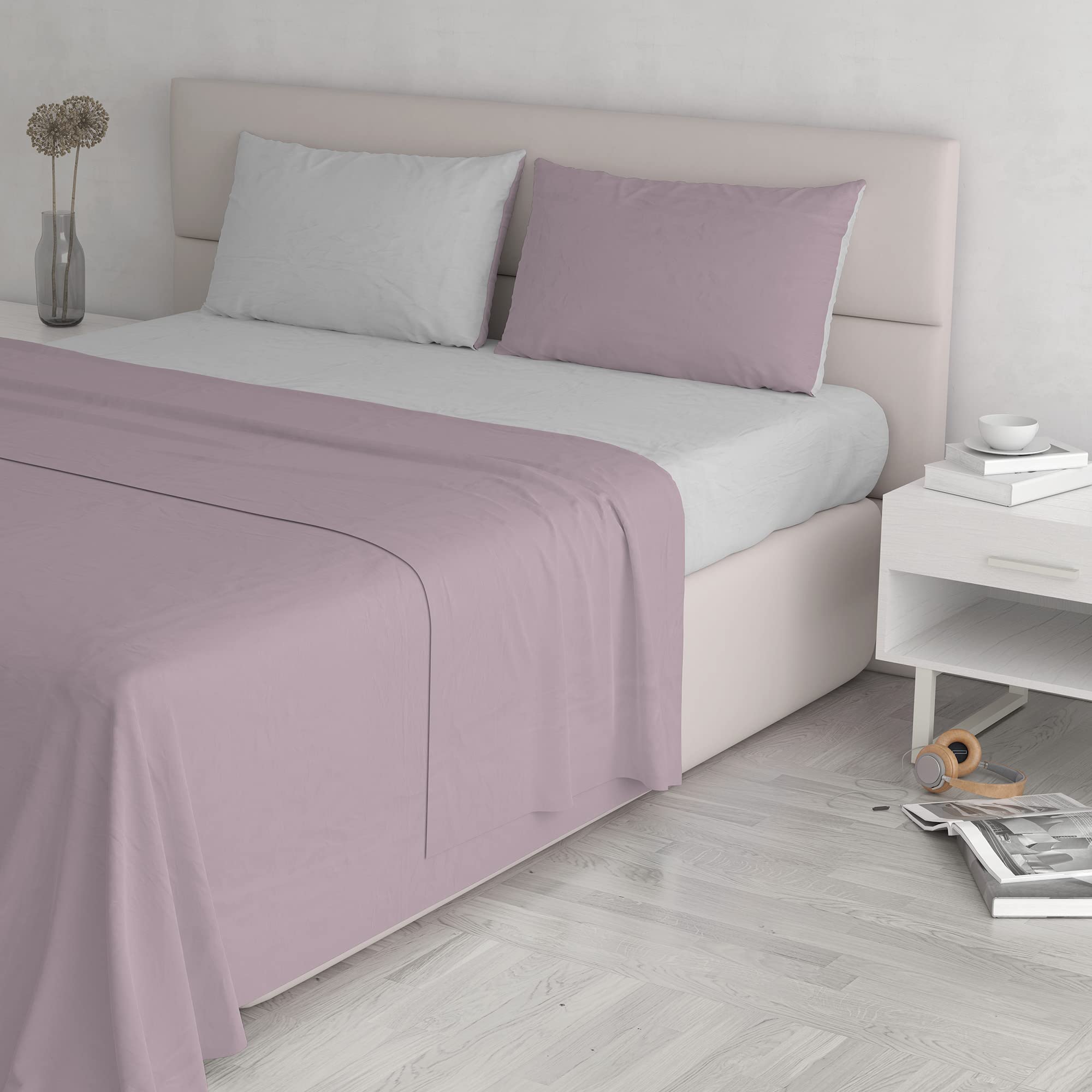 Italian Bed Linen Natural Color Bed Set (Flat 250x300, Fitted Sheet 170x200cm+2 Pillowcases 52x82cm), Petrol Bottle Green, Misty Rose/Light Gray, DOUBLE