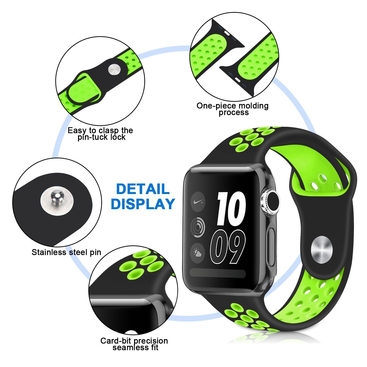 Casual Accessories Apple Watch Band 42 mm Black Green - Sports Soft Silicone Replacement Band For iWatch Series 3 2 1, Nike + Sport Edition Strap M/L Size Black Green