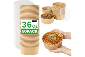 50 Count 36 oz Large Disposable Paper Bowls with Lids, Salad Containers for Lunch, Paper Meal Prep Containers for Hot & Cold 