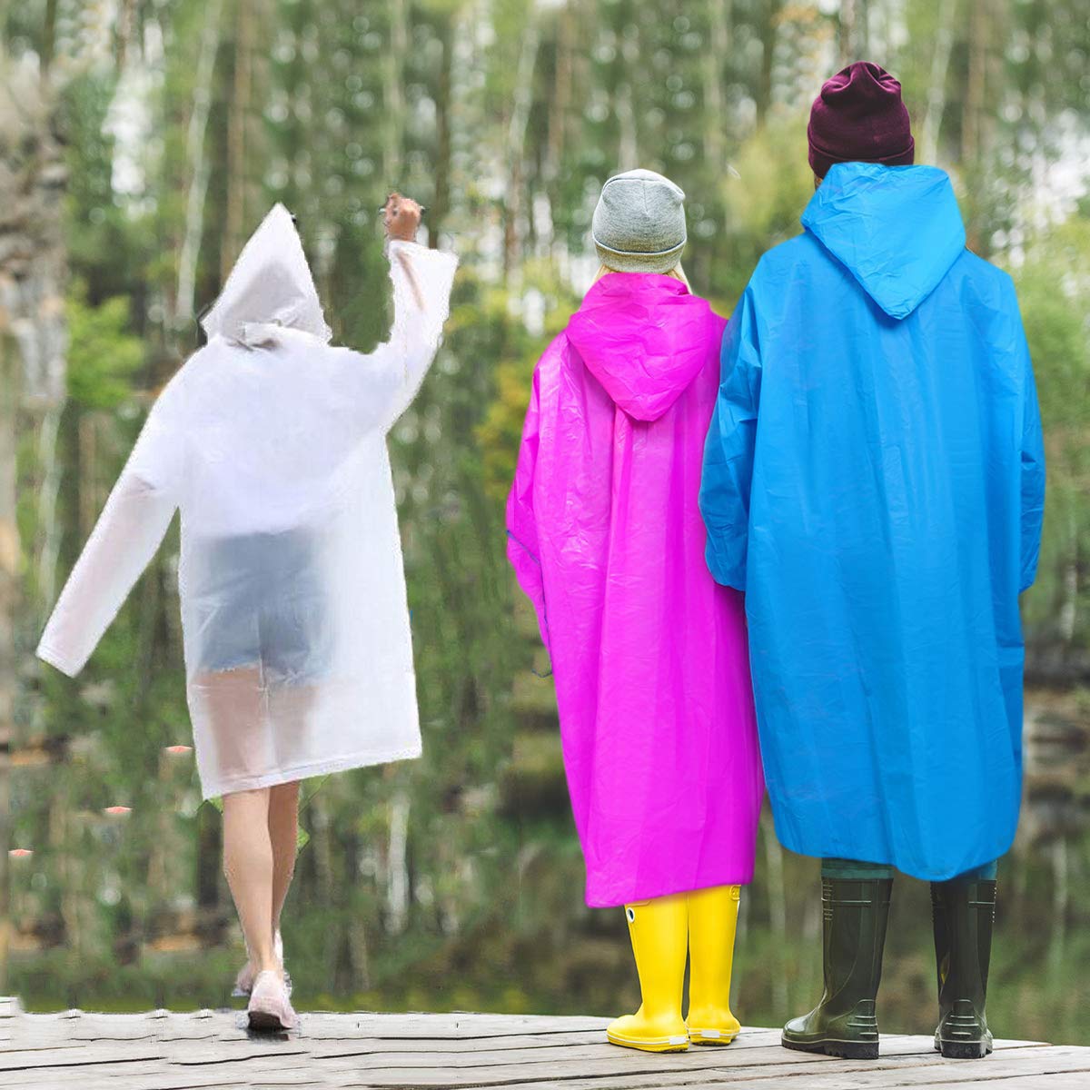 Cleycye Rain Ponchos,EVA Reusable Rain Coat Jacket with Drawstring Hood （3PCS）Emergency Waterproof Rain Ponchos Family Pack for Adults,Fit Men and Women, Perfect for Concerts, Amusement Parks, Camping