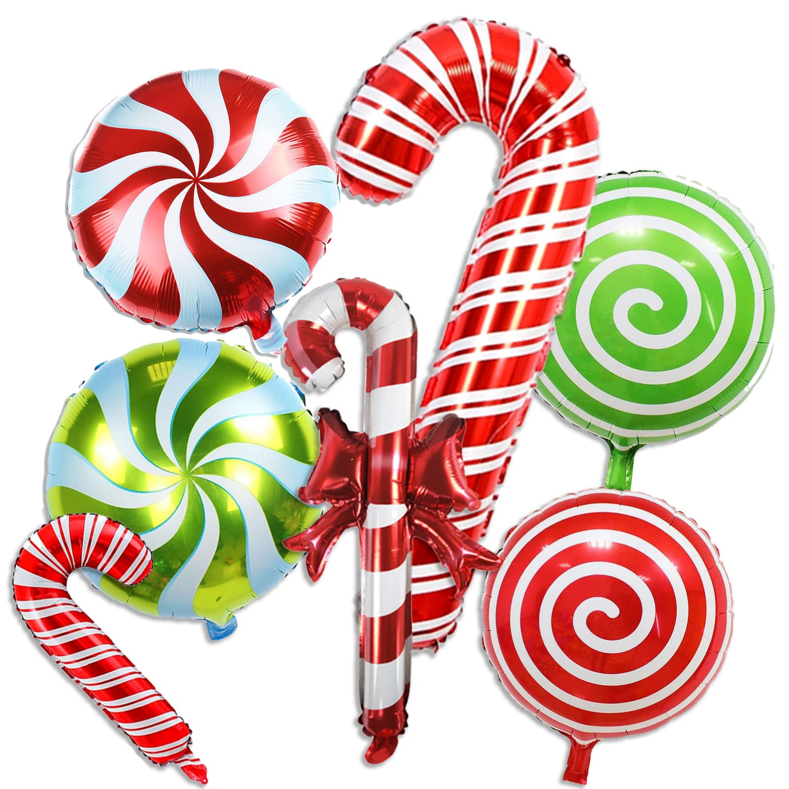 Christmas Candy Cane Foil Balloons, 16 Pieces Sweet Round Swirl and Mylar Red Green Xmas Balloons for New Year Candies Theme Baby Shower Party Decorations (QQ-51040)