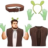 Mepase 4 Pcs Halloween Green Ogre Cosplay for Adult Costume with Green Ogre Ears Headband, Gloves, Vest, Belt for Halloween Movie Cosplay Party