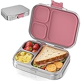 HOMEKOL Stainless Steel Bento Lunch Box Kids, 3 Compartments Metal Bento Box Container for Kids Adults, Leak-Proof Lunch Box for Office, Dishwasher Safe, BPA-Free, Pink