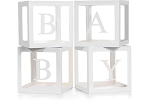 Lovelite Baby Boxes with Letters for Baby Shower, 4 Transparent Balloon Boxes with 2 Sets BABY Letters for Gender Reveal Decorations Boys Girls Birthday Wedding Party Backdrop, White