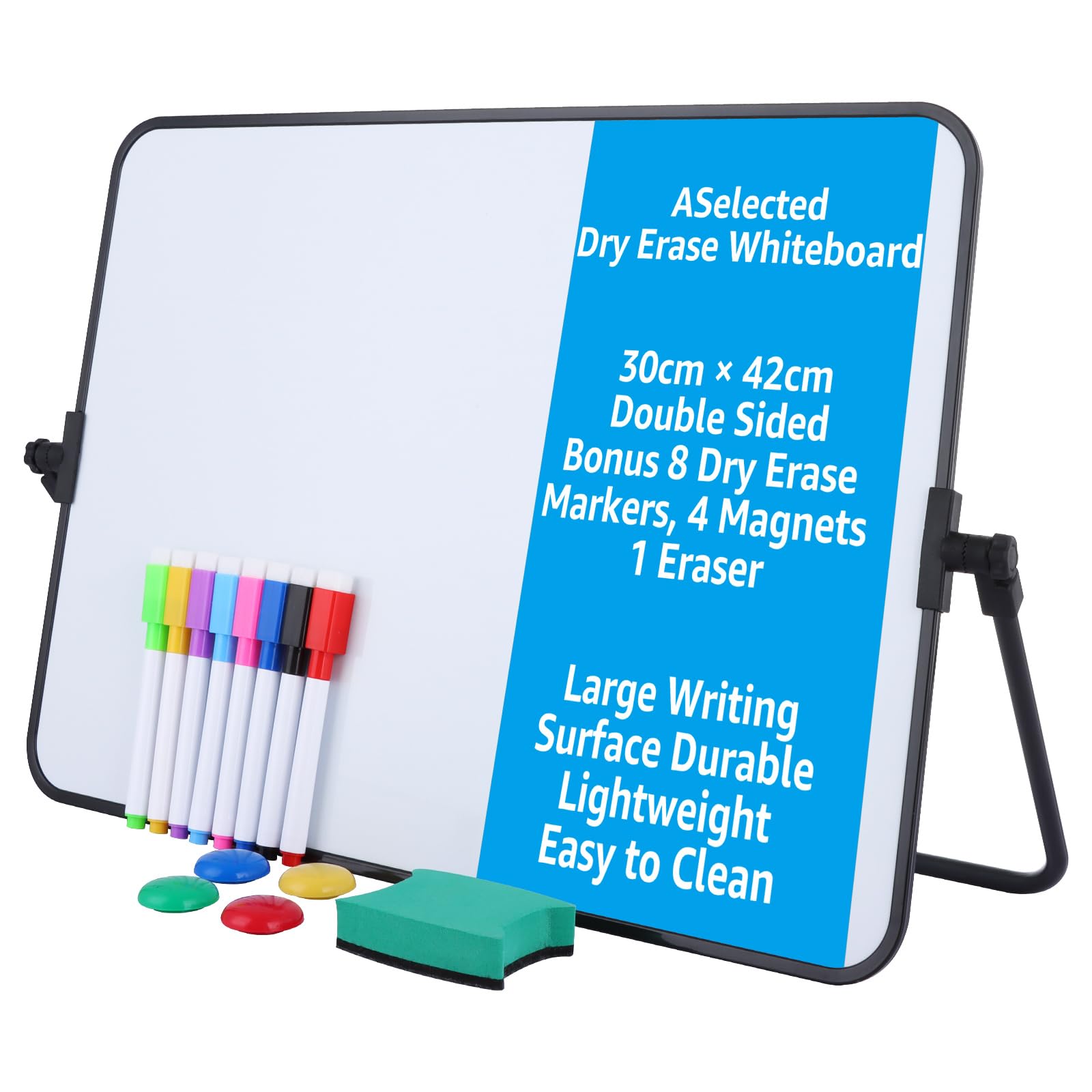 ASelected Small Dry Erase Double Sided Magnetic Desktop Whiteboard with Stand and Easel - A3, 42 x 30 Cm, 8 Pens, 1 Eraser, 4 Magnets for School, Home, and Office