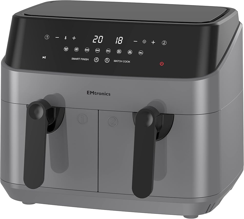 EMtronics Dual Air Fryer 9L 8 Presets Auto-Off 99 Min Grey