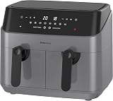 EMtronics Dual Air Fryer 9L 8 Presets Auto-Off 99 Min Grey