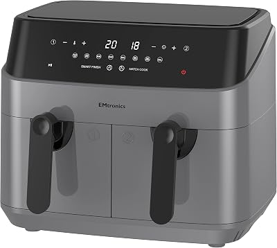 EMtronics Dual Air Fryer 9L 8 Presets Auto-Off 99 Min Grey