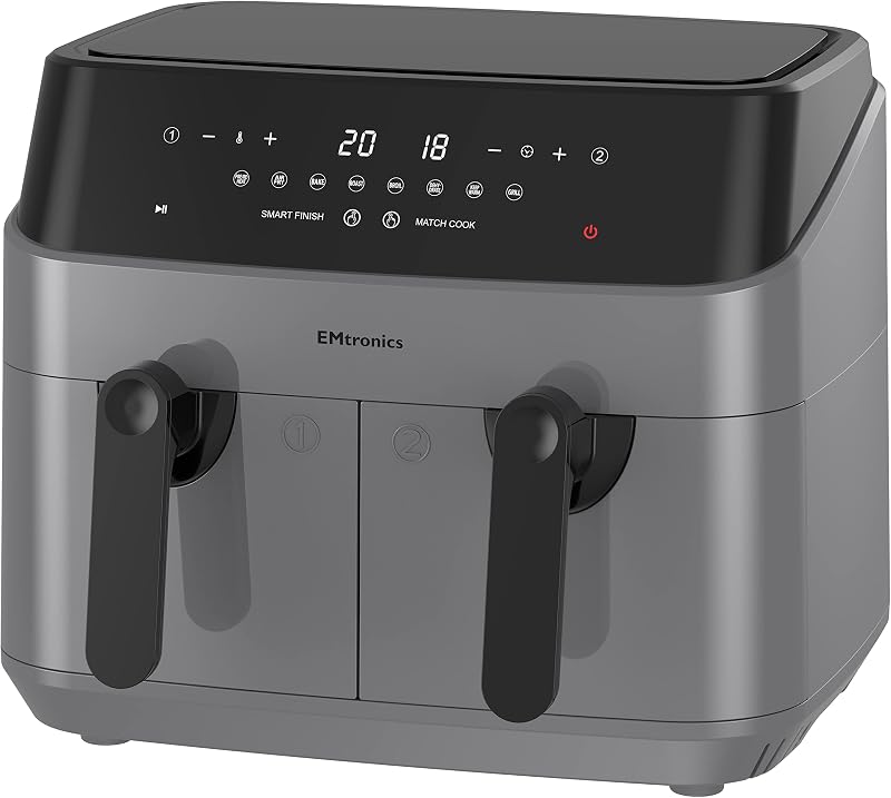 EMtronics Dual Air Fryer 9L 8 Presets Auto-Off 99 Min Grey