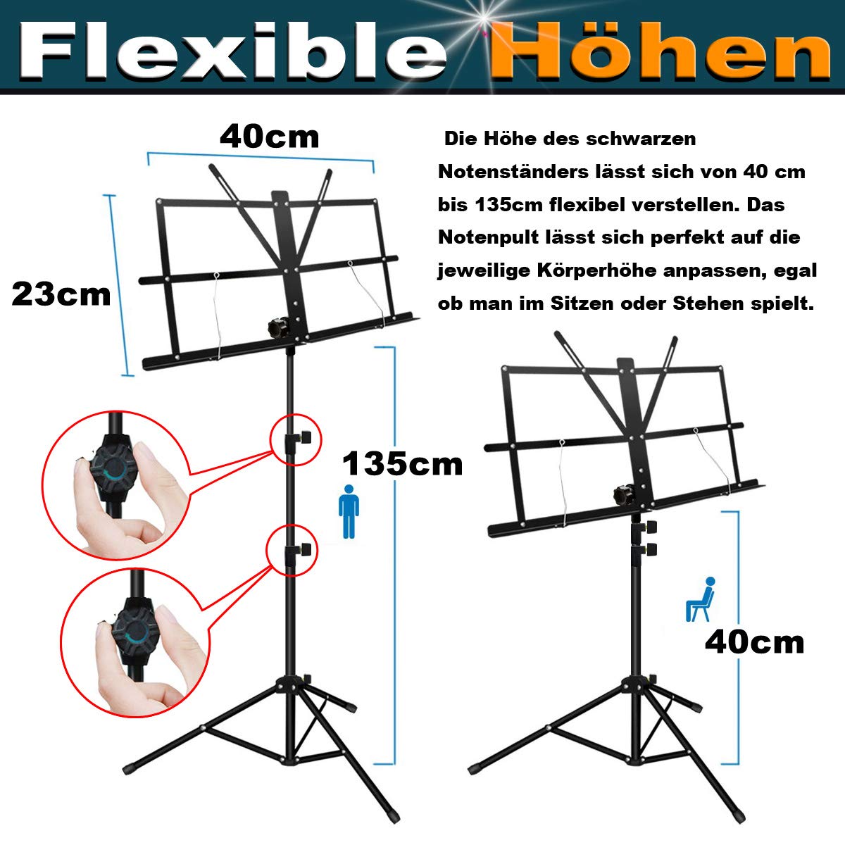 Leggio Per Spartiti Pieghevole Nero - Altezza Regolabile 70-140 Cm, Per Chitarra, Violino - Foto 7