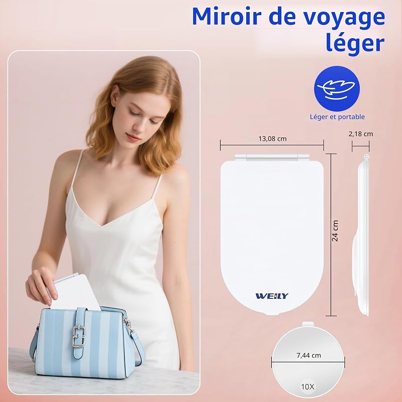 Miroir de Maquillage LED Grossissant 1X/10X, Éclairage 3 Tons Réglable, Miroir de Toilette Portable, Contrôle par Toucher, Blanc