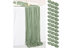 FANI 12 Pack 10Ft Sage Green Cheesecloth Table Runner 35 x 120 inch Boho Gauze Cheese Cloth Table Runner Vintage Rustic Sheer Runners for Wedding Bridal Shower Birthday Party Cake Table Decorations