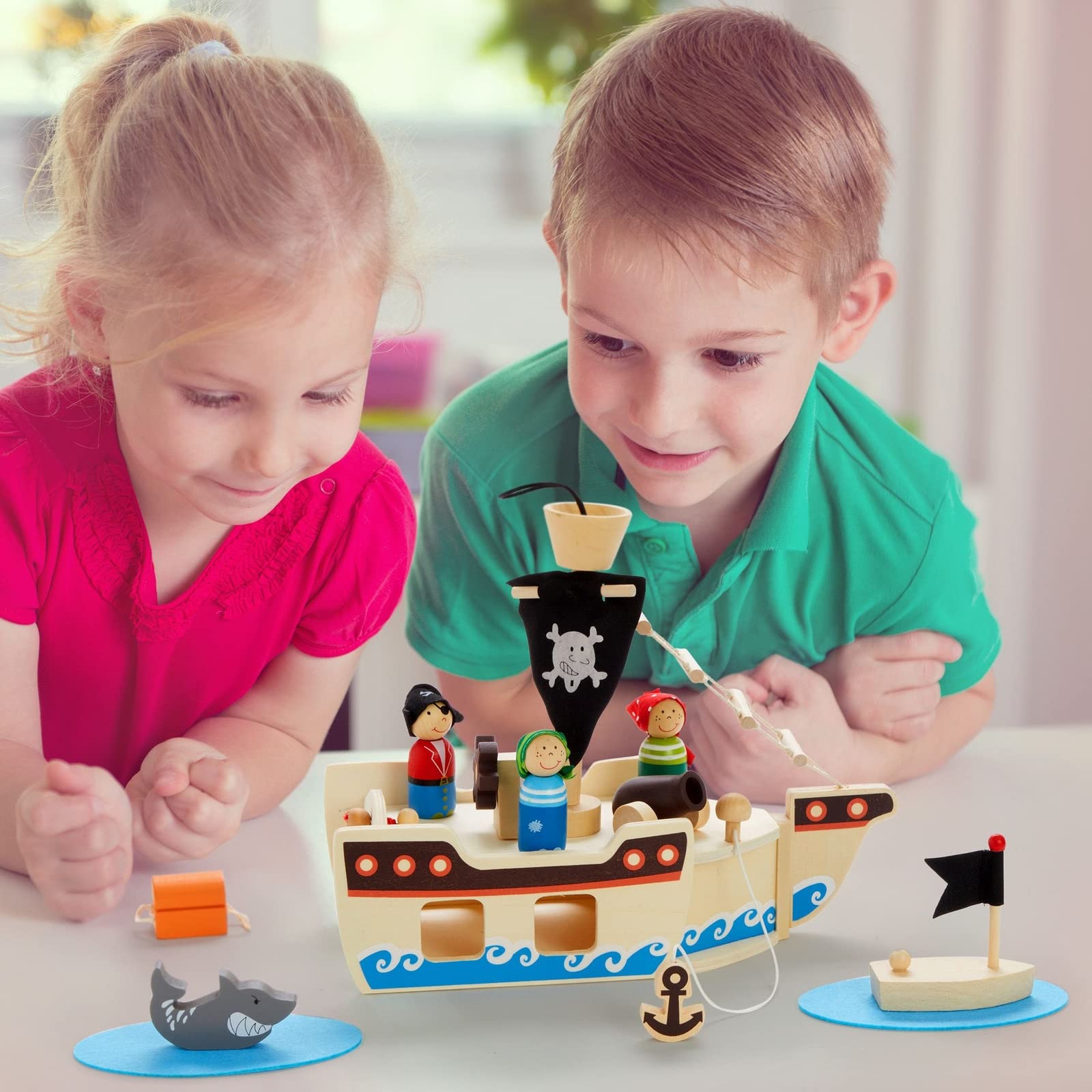 BLUE PANDA Wooden Pirate Ship Toy Playset for Kids with Shark Figurine, Boat & 11 Pieces - Pirate Toys for Age 3 and Above