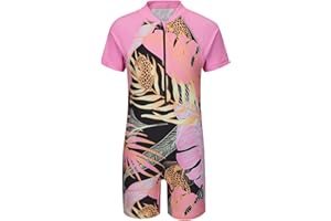 MOON TREE Girls Short Sleeve Rash Guard One Piece Swimsuits Zipper Front Bathing Suit Sun Protection 3-16 Years
