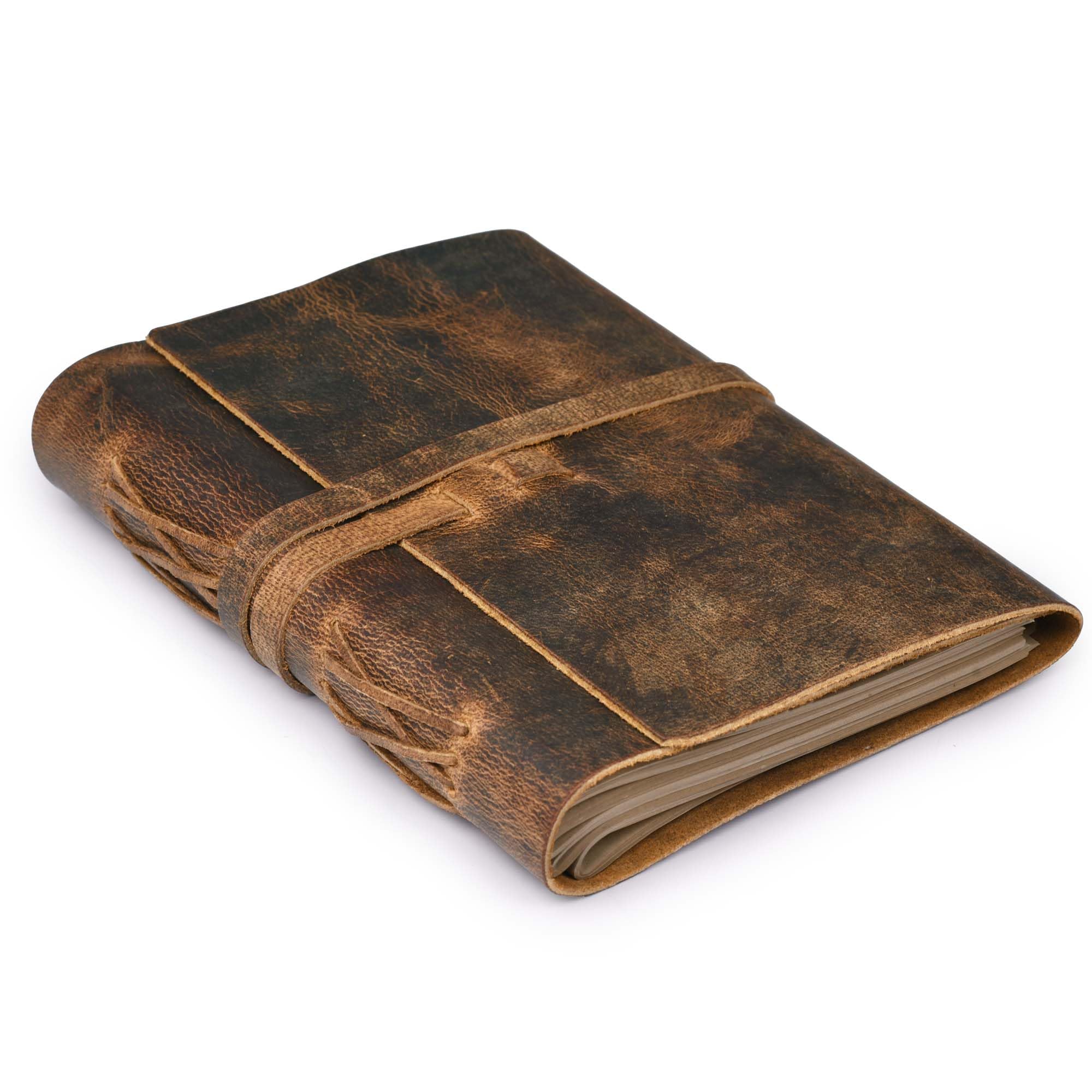 LEATHER VILLAGE Genuine Leather Bound Journal Writing Notebook for Men Women - Daily Writing Notepad Lined Paper 300 Kraft Pages, Handmade, Rustic Brown, 8 X 6 in (A5)