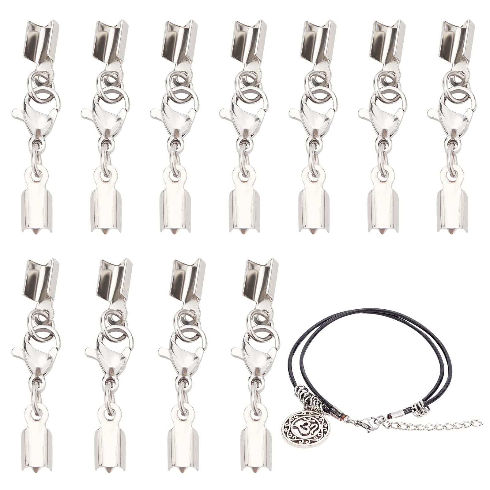 PH PandaHall 20 Sets 304 Stainless Steel Lobster Claw Clasps with Cord Ends Terminators Crimp End Fold Over Cord End Caps Connector for Necklaces Bracelets Jewelry Craft Making, Silver