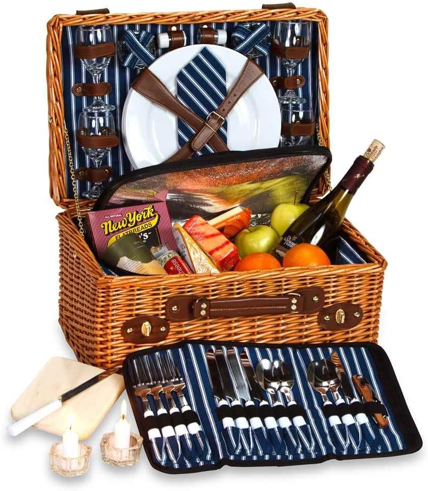 Picnic Plus Wynberrie 4 Person 34 Piece Picnic Basket with Large Insulated Cooler Section Full Size Ceramic Dinner Plates