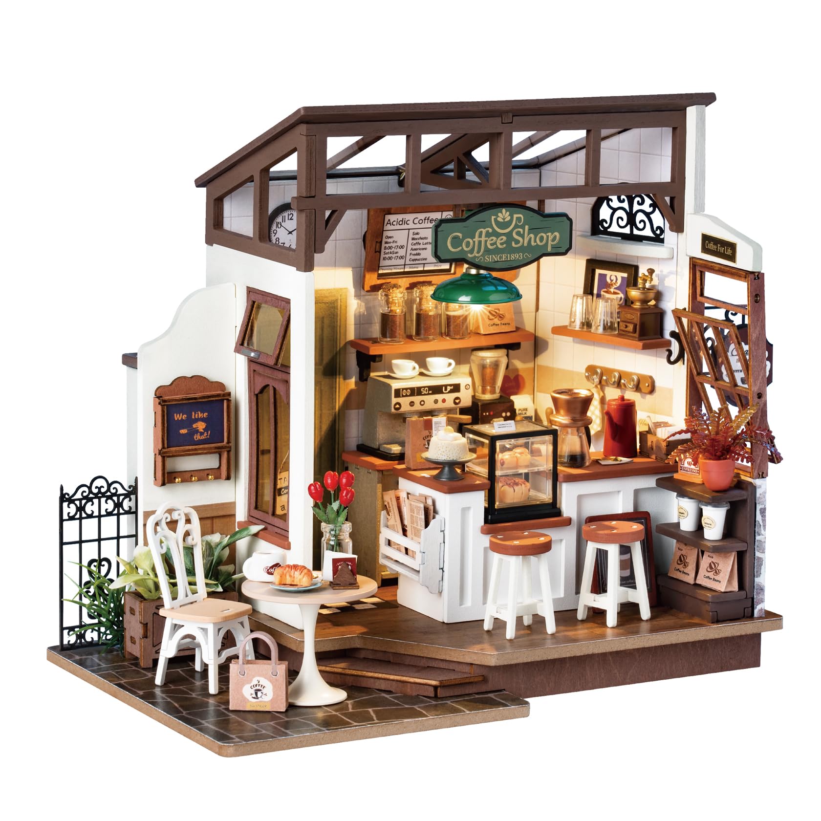 Rolife Dollhouses Café Miniature Wooden Doll House Kit with Furniture Wooden Building Kits with LED Lights for Girls and Women