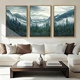 IARTTOP Large Misty Mountain Framed Wall Art 16x24 inch Green Foggy Forest Canvas Wall Decor Modern Pine Trees Nature Landscape Prints for Living Room Bedroom Set of 3
