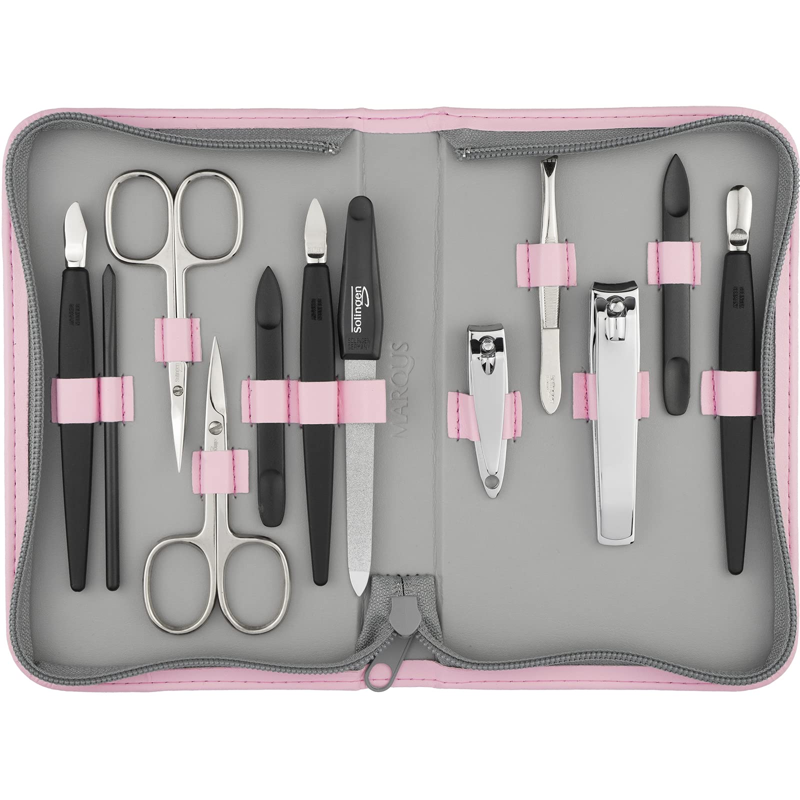 Solingen Manicure Set for Women and Men - 12 pcs kit - made in Germany incl. nailclippers & pedicure tools - Fashion leather case ideal for travelling, rose