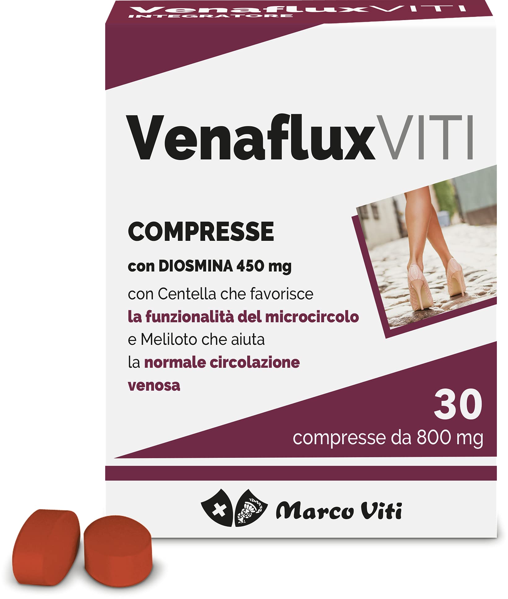 Venaflux Viti Circulation Supplement with Diosmin, Relieves Circulators, Horse Chestnut and Centella, 30 Tablets of 80 mg