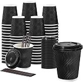Lamosi 50 Pack 10 oz Coffee Cups with Lids, Disposable To Go Paper Cups | Insulated Corrugated Ripple Wall Hot Cups with Lids and Straw for Hot Drink, Office, Coffee Bars, Meetings and Travel(Black)
