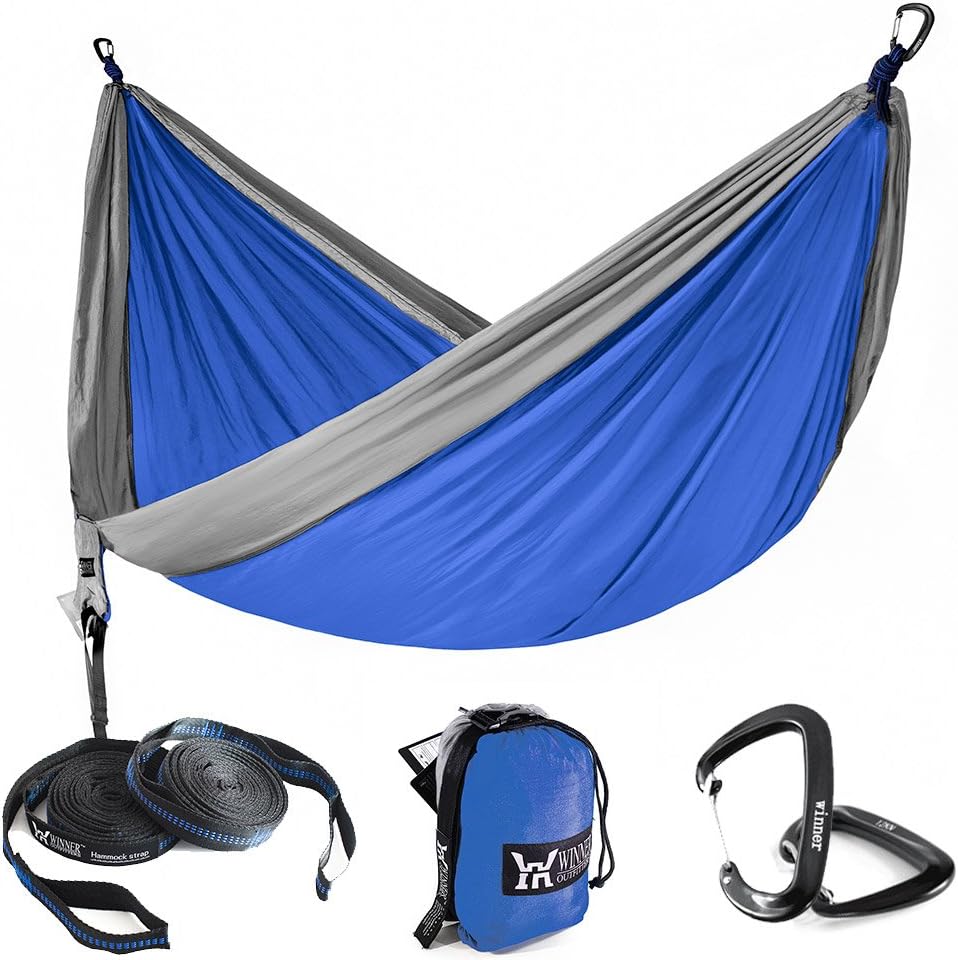 WINNER OUTFITTERS Single & Double Camping Hammock with Tree Straps - Lightweight Nylon Portable Hammock, Best Parachute Double Hammock for Backpacking, Camping, Travel, Beach, Yard