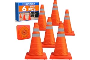TENKAIWICK [6 Pack]18 Inch Collapsible Traffic Safety Cones - Parking Cones with Reflective Collars, Orange Safety Cones for Parking lot, Driveway, Driving Training etc