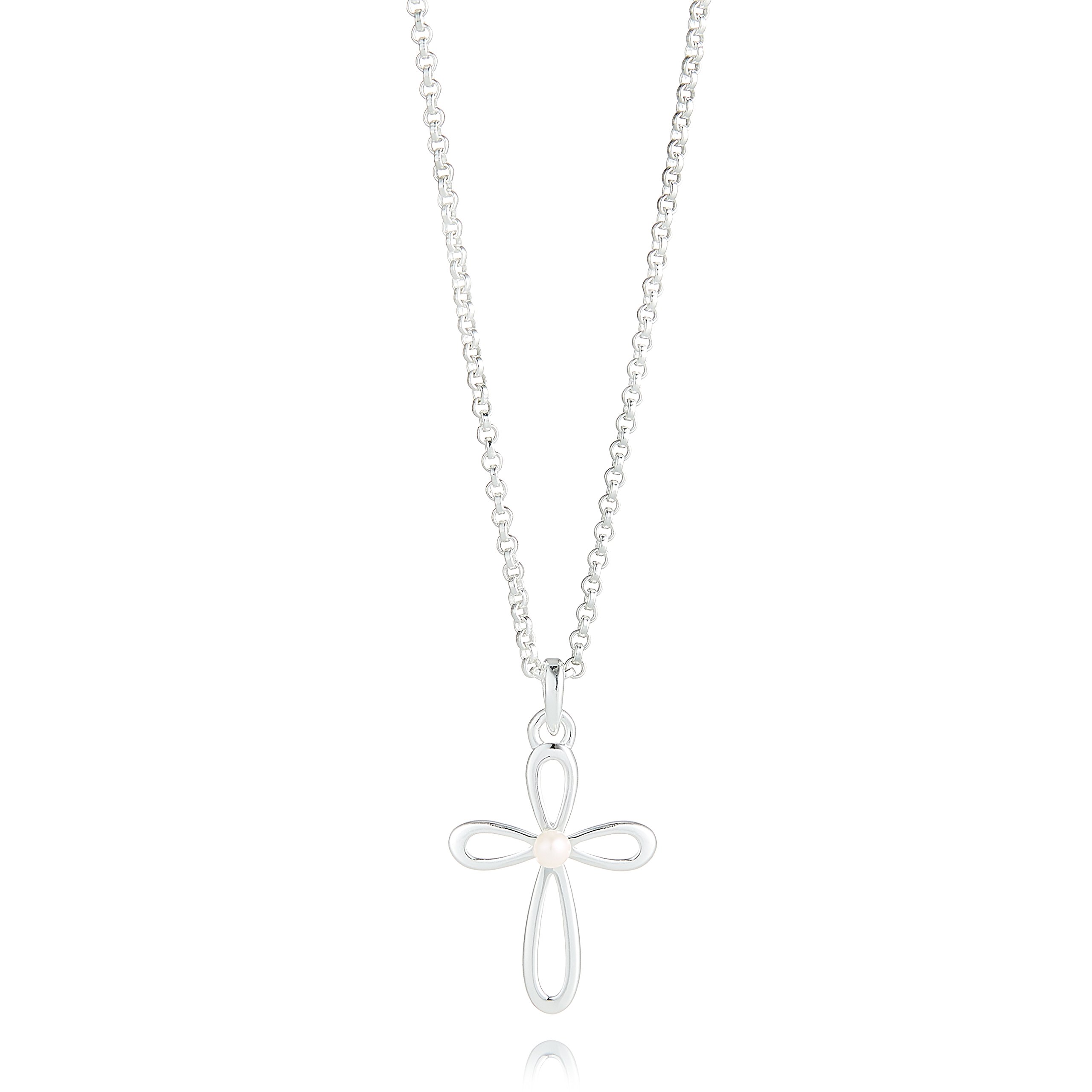 Molly Brown London Sterling Silver Rounded Cherish Pearl Cross Necklace. Ideal for Christening, Holy Communion Gifts for Girls, Flower Girl and Bridesmaids Gifts