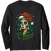 Christmas Sugar Skull Art Woman Santa Hat Festive Long Sleeve T-Shirt