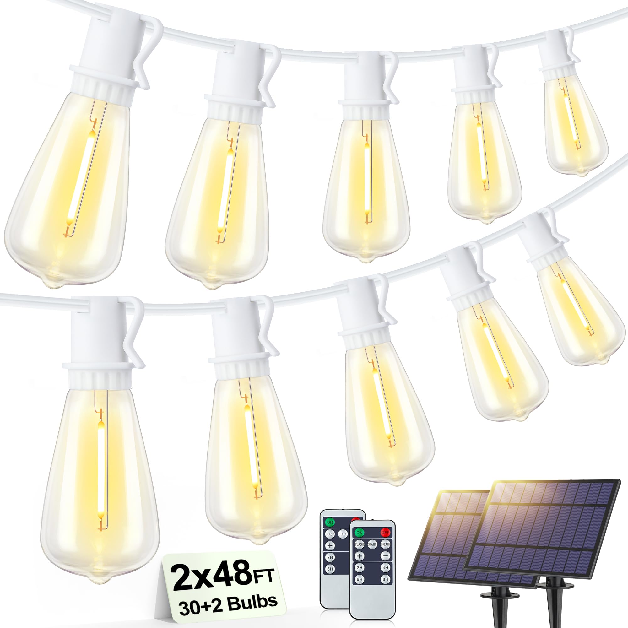 Photo 1 of Larkvue 96FT(2x48FT) Solar Outdoor String Lights with Remote & Timer, Waterproof Dimmable Patio Lights with 30+2 ST38 LED Bulbs for Garden Deck-White