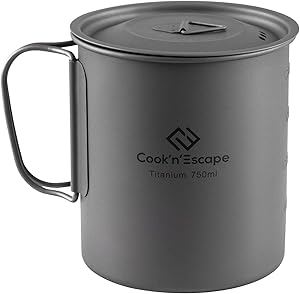 COOK'N'ESCAPE 450/600/750ml Titanium Cup Pot with Lid Foldable Handle for Outdoor Camping Backpacking Hiking Cooking