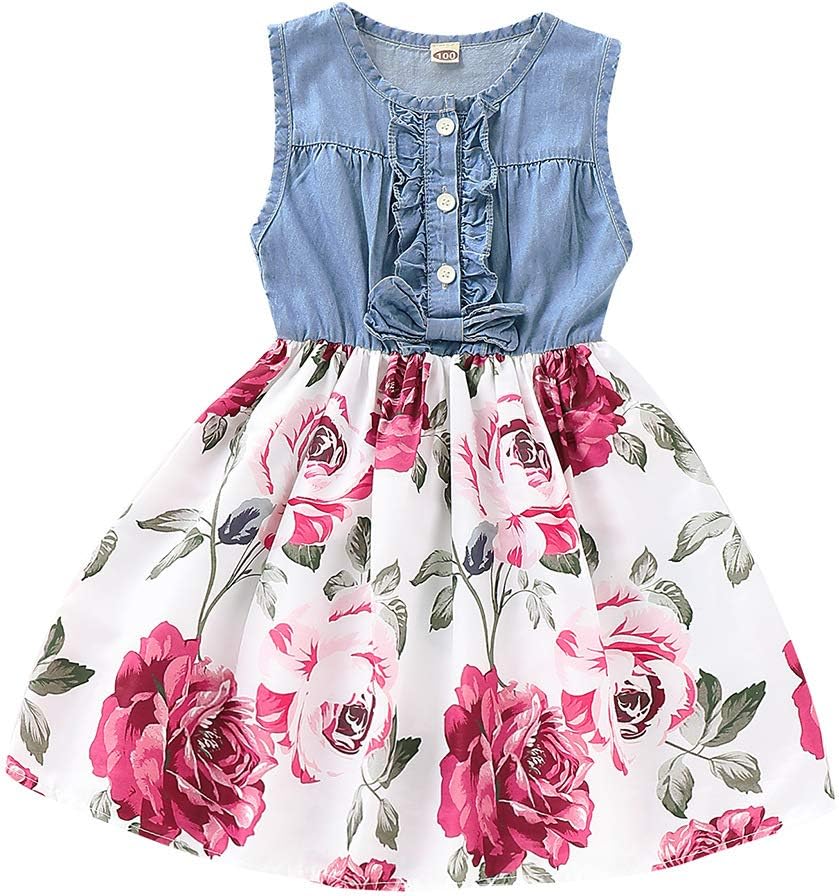 Toddler Baby Girl Summer Dress Sleeveless Demin Tops Floral Dresses