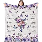Wxiben Christian Blanket Gifts for Women - Religious Faith Bible Baptism Gift, Catholic Christmas Birthday Gifts for Mom Sister Friend, Purple Flower Cross Inspirational Soft Throw Blanket 59"X 51"