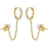 Belacqua Lab Grown Diamond Double Piercing Huggie Hoop Stud Earring in Sterling Silver or 14K Yellow Gold Plated Silver, 32 mm Chain Length, 1/2 Carat, Color J-K, Clarity I1-I2, Jewelry for Women