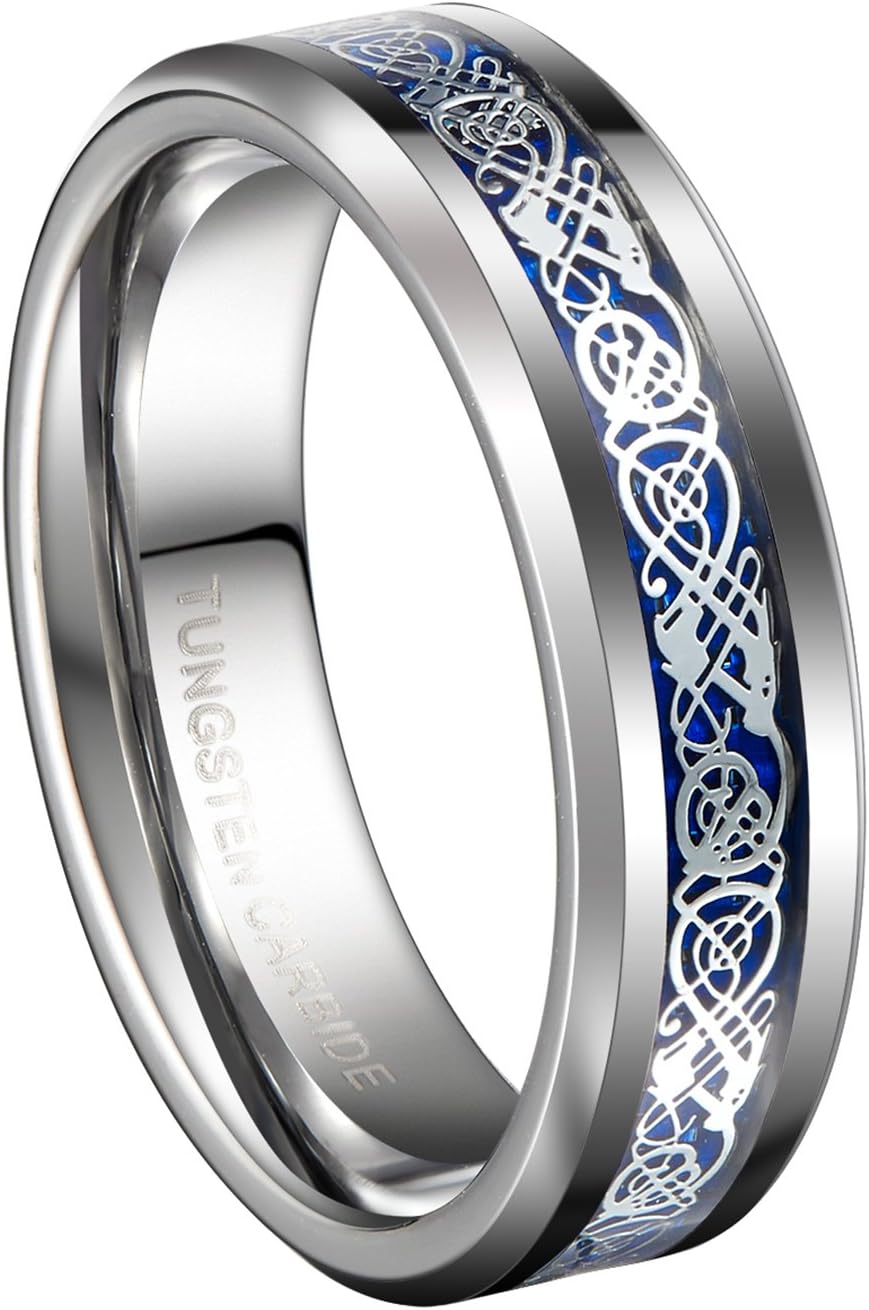 QUEENWISH 6mm Blue Silvering Celtic Dragon Tungsten Carbide Ring Wedding Bands Mens Jewelry