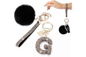 HONYJOOM Initial Letter Keychain for Women Girl Bling Rhinestone Sparkly Bag Backpack Purse Charm Cute Pom Pom Key Chain Wristlet