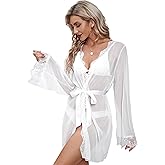 WDIRARA Women's See Through Lace Trim Long Sleeve Belted Short Sheer Robe Kimono