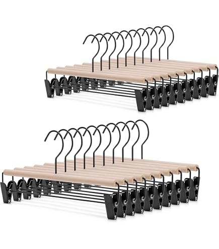 HWAJAN 20 Pack Wooden Pants Hangers With Clips | 14 Inch, Adjustable, Non-Slip For Closet