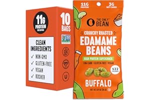The Only Bean Crunchy Roasted Edamame Snacks (Buffalo) – High Protein (11g), Low Carb Keto Vegan Office Snack, Gluten Free Healthy Snacks for Adults and Kids, 0.9oz (Pack of 10)
