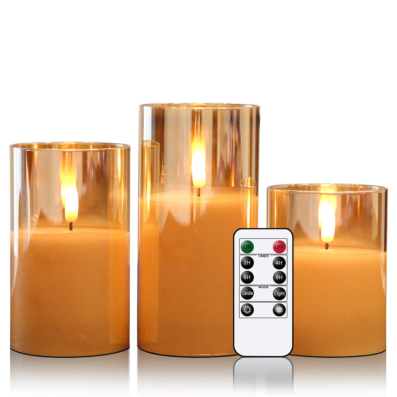Eldnacele Gold Glass Flameless Candles Flickering with Remote, 3D Wick Battery Operated Realistic Warm Light Candle with Timer, Set of 3(D3'' x H4''/5''/6'') for Party Wedding Christmas Decoration