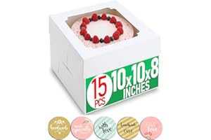 BAREGAMYAN 10x10x8 Bulk 15 Pcs Tall Multi-Layer Cake Boxes 10 Inch with Window Clear Bakery Box Square White Large Disposable Pie Boxes Package for Bake Decorating Supplies Pastry Box (80 Pcs Stickers)