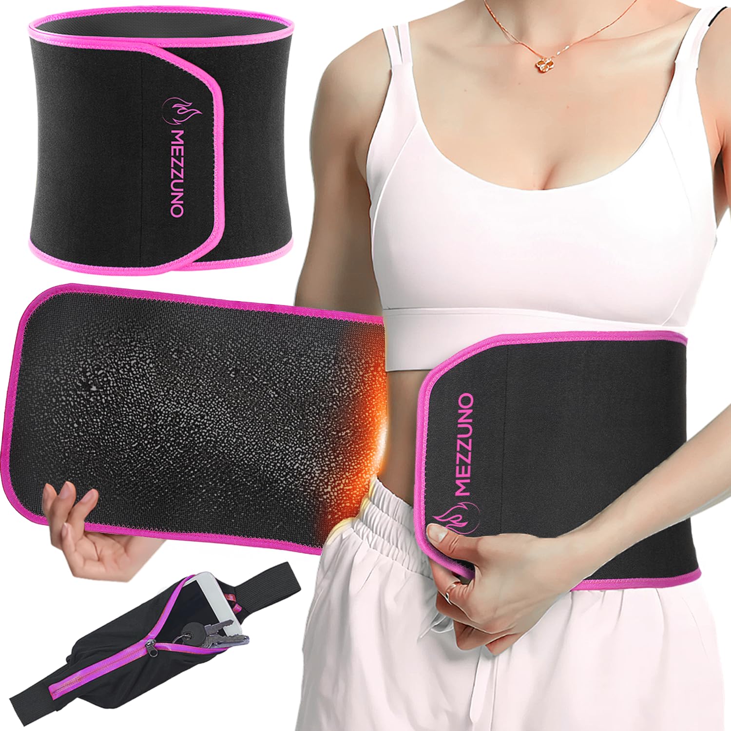 Waist Trainer - Weight Loss Belt to Sweat and Burn Fat - Body Trimmer Sweat Belt for Men and Women - Including Running Belt (Pink, L-XL)