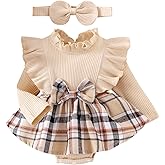 DOMOABEI Baby Girl Clothes Cute Plaid Romper Dress Ruffle Long Sleeve One-piece Jumpsuit Bodysuit with Bow Headband