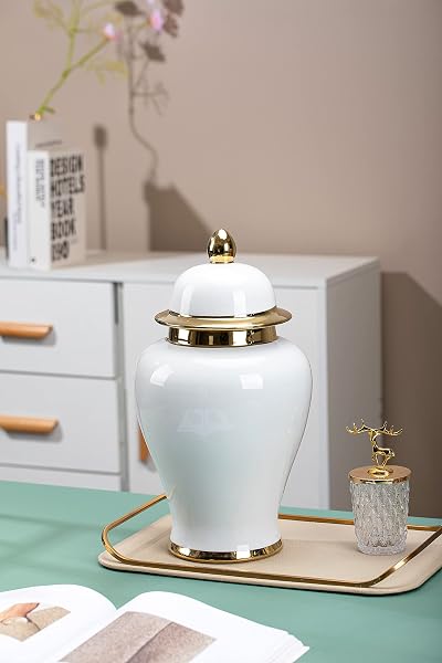 GALOURO WHITE GINGER JAR WITH GOLD TRIM, GINGER JAR VASE DECOR FOR CENTERPIECE, TABLE DECORATIONS, LIVING ROOM, SHELF, 15INCHES