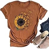 Women's Sunflower Graphic T-Shirts Boho Wildflowers Tee Tops Cute Summer Vintage Butterfly Short Sleeve Casual Holiday Tops